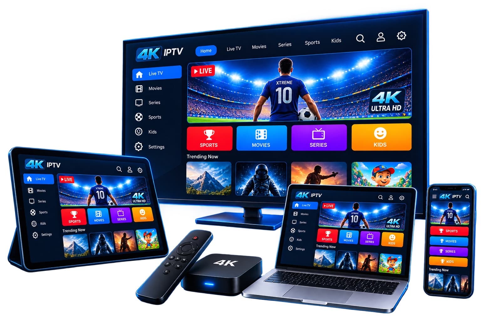 Xtreme HD IPTV streaming interface on Smart TV, tablet and phone